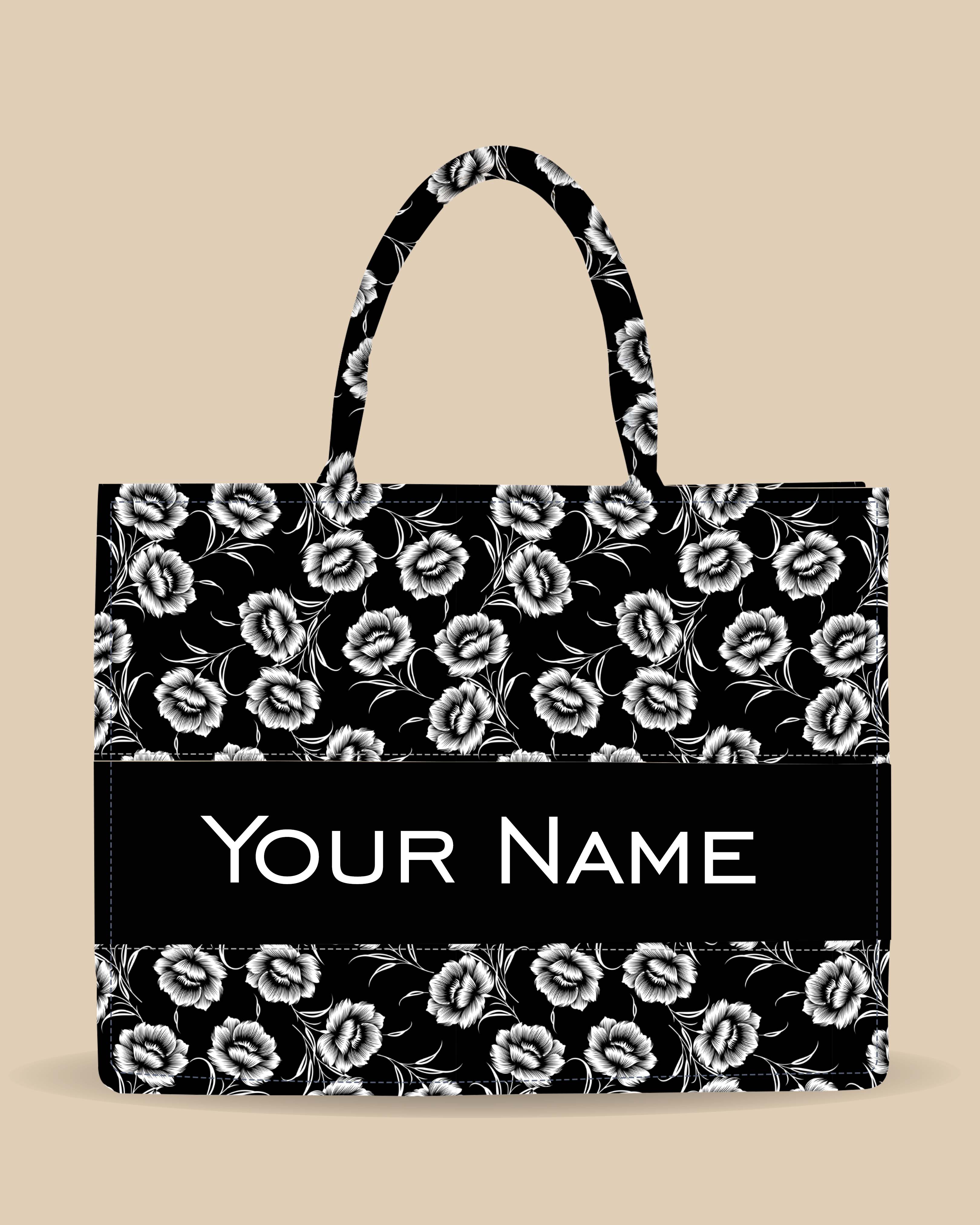 Customized Tote Bag  Designed With Black And White Flowers