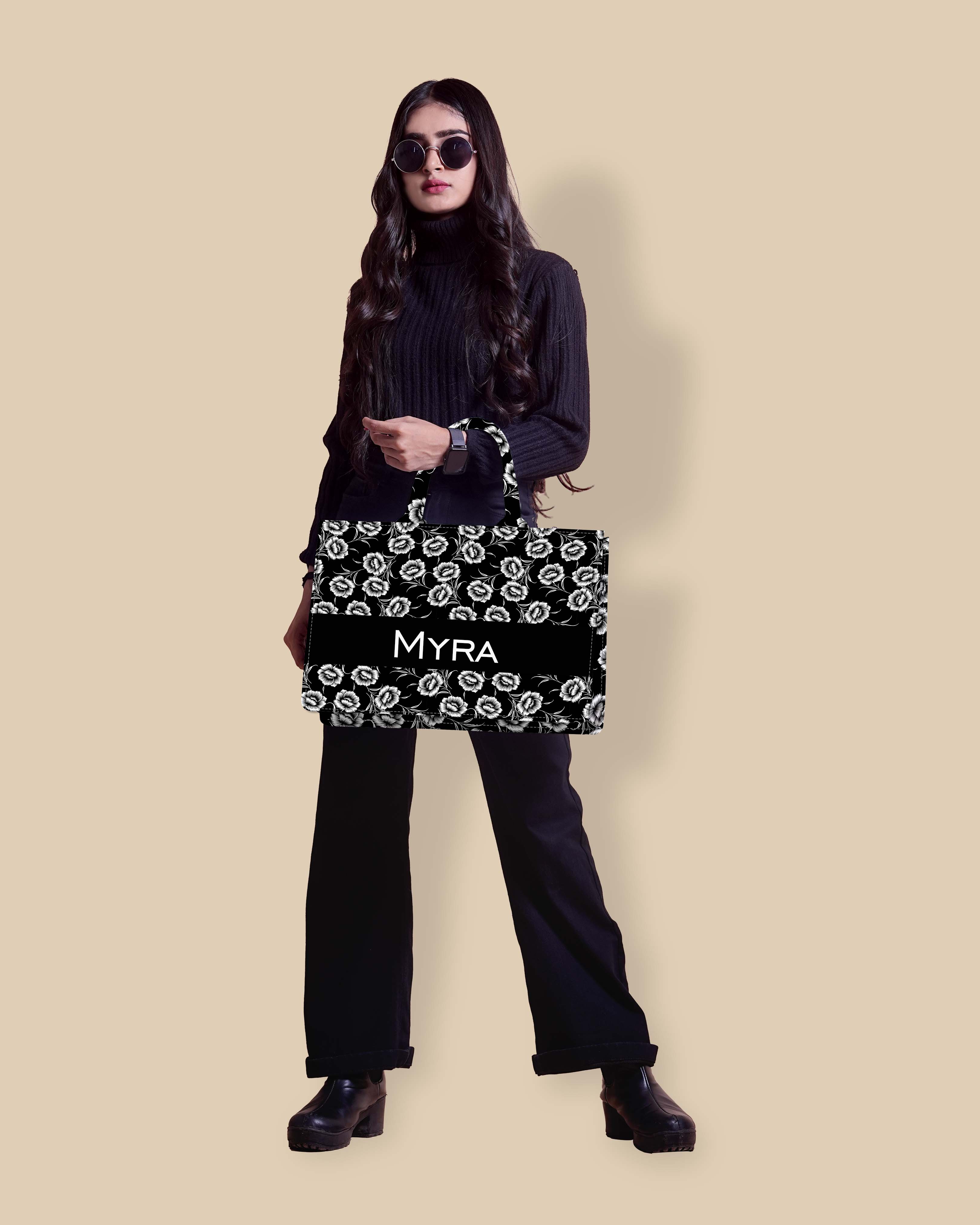 Customized Tote Bag  Designed With Black And White Flowers