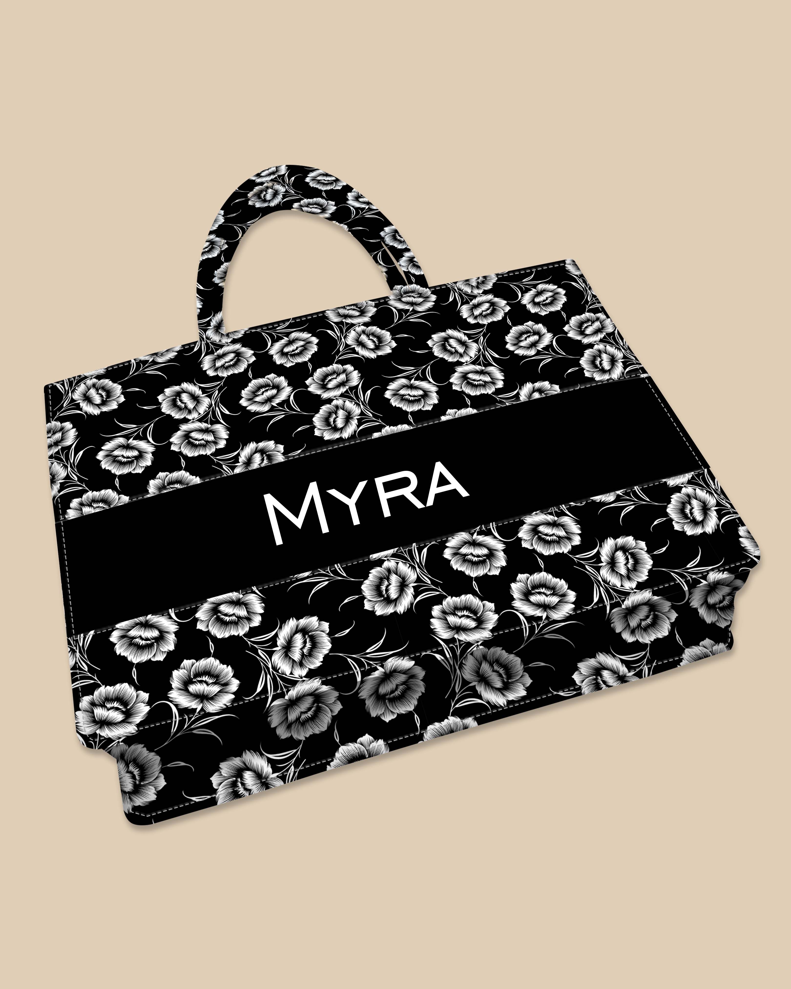 Customized Tote Bag  Designed With Black And White Flowers