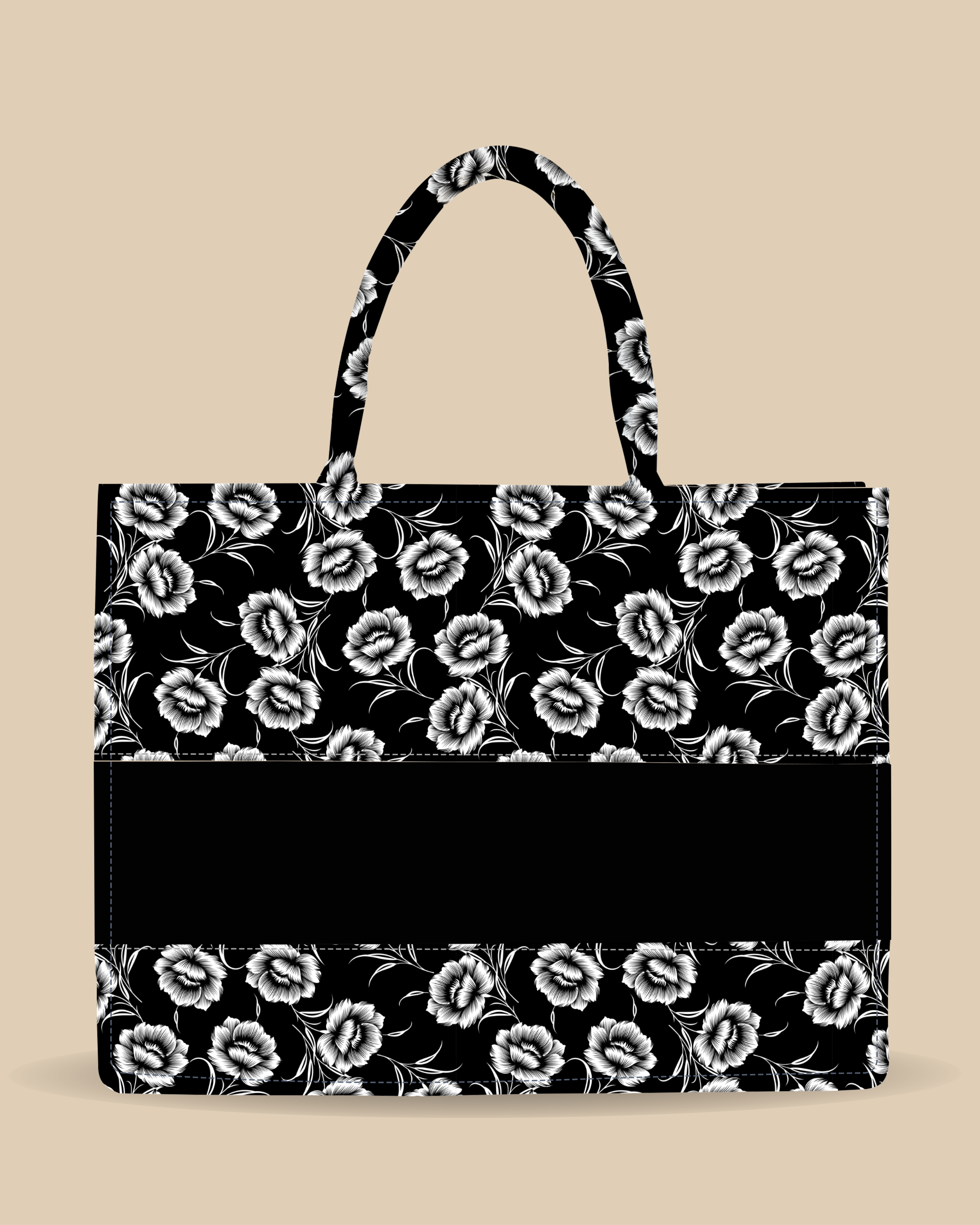 Customized Tote Bag  Designed With Black And White Flowers