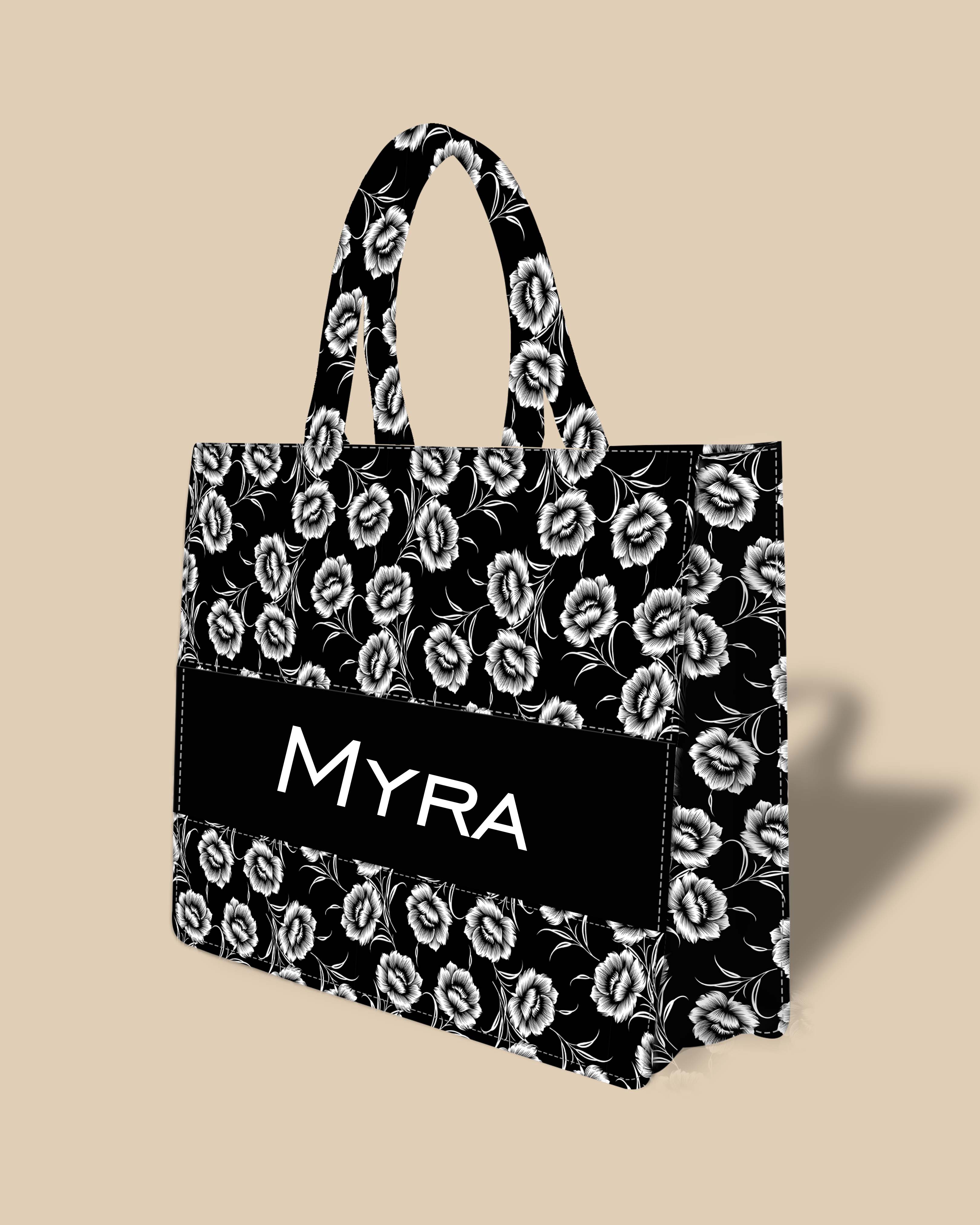 Customized Tote Bag  Designed With Black And White Flowers