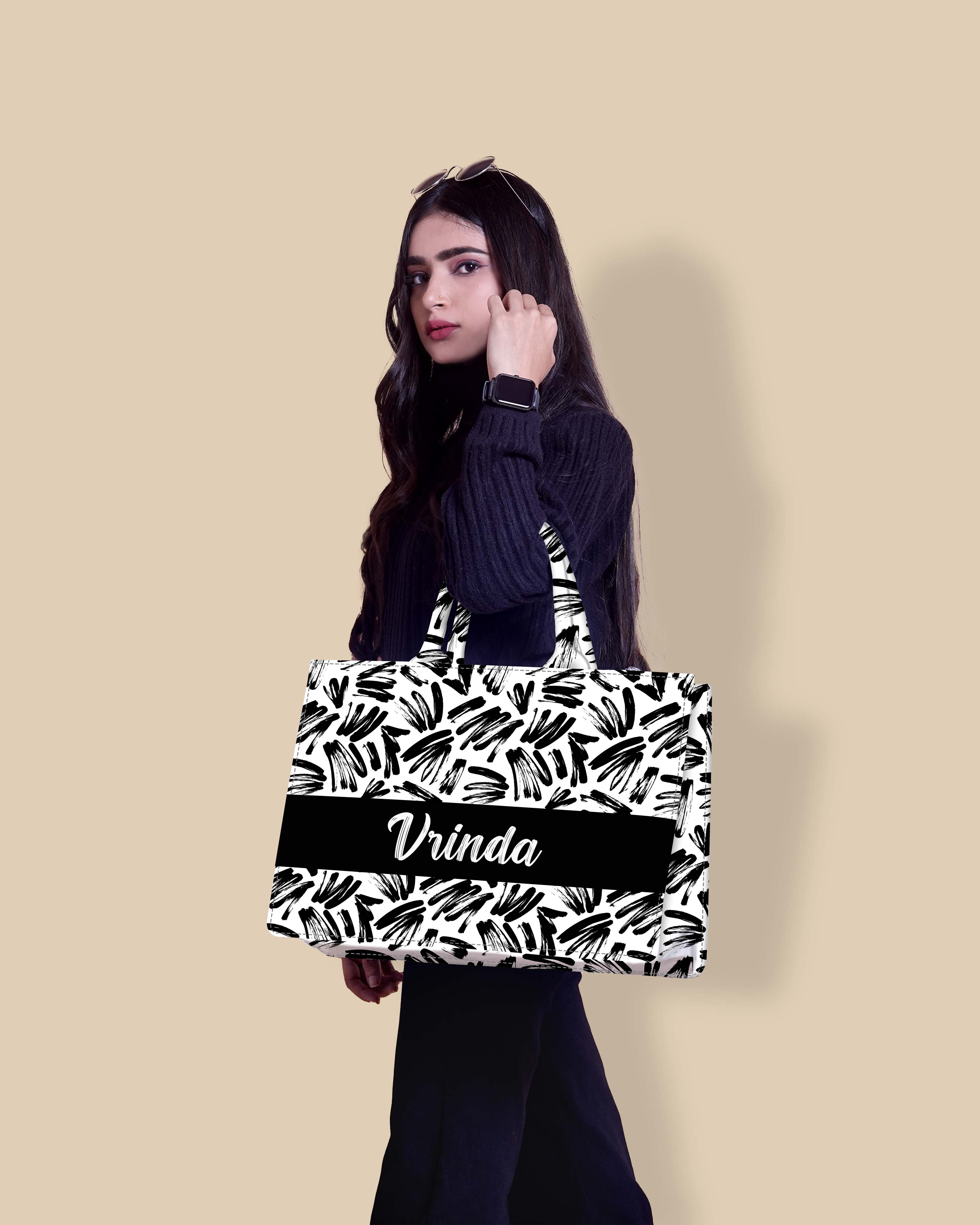 Customized Tote Bag  Designed With Black Brushstrokes Pattern