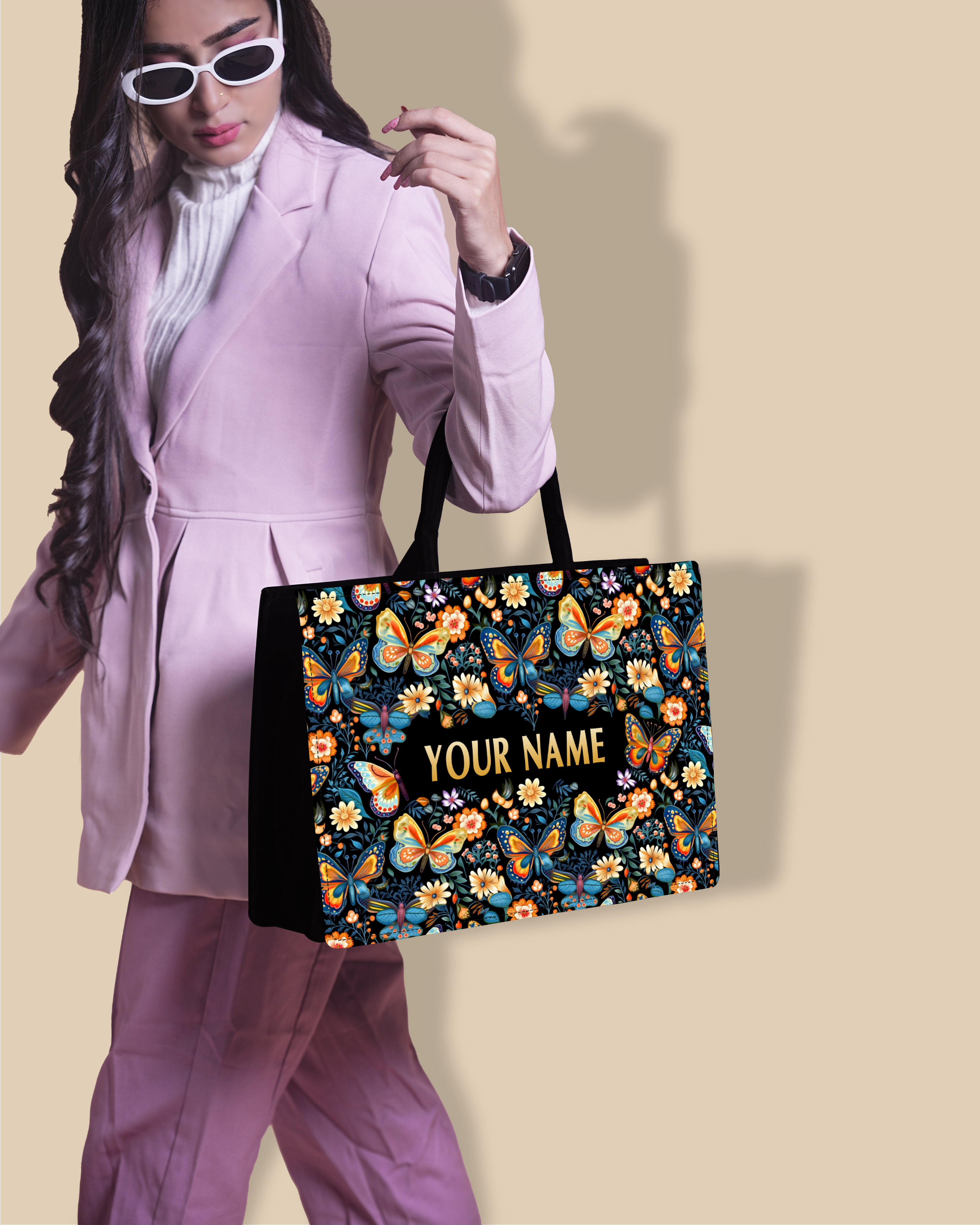 Customized Tote Bag  Designed With Blossom Colourfull Butterflies