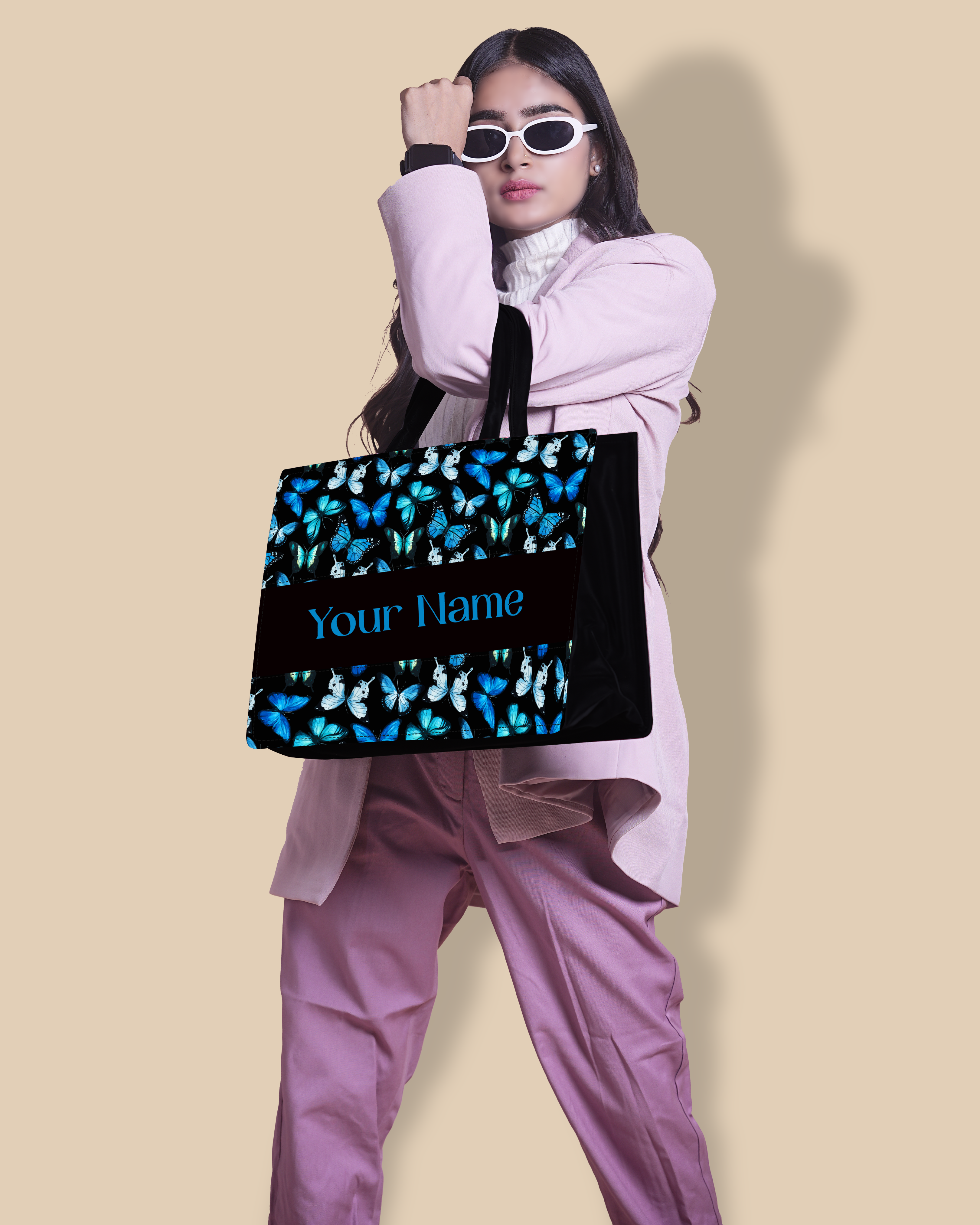 Customized Tote Bag Designed With Blue Flying Butterflies