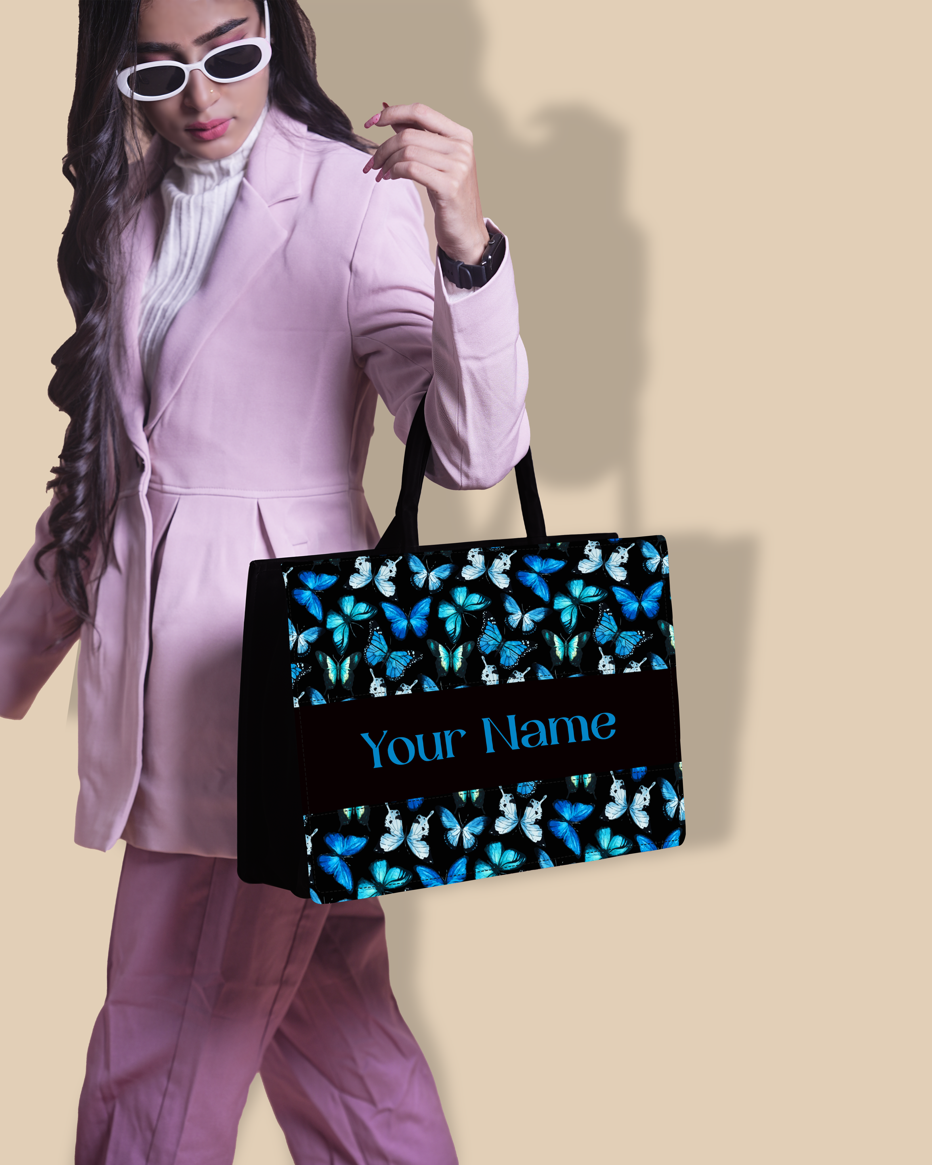 Customized Tote Bag Designed With Blue Flying Butterflies