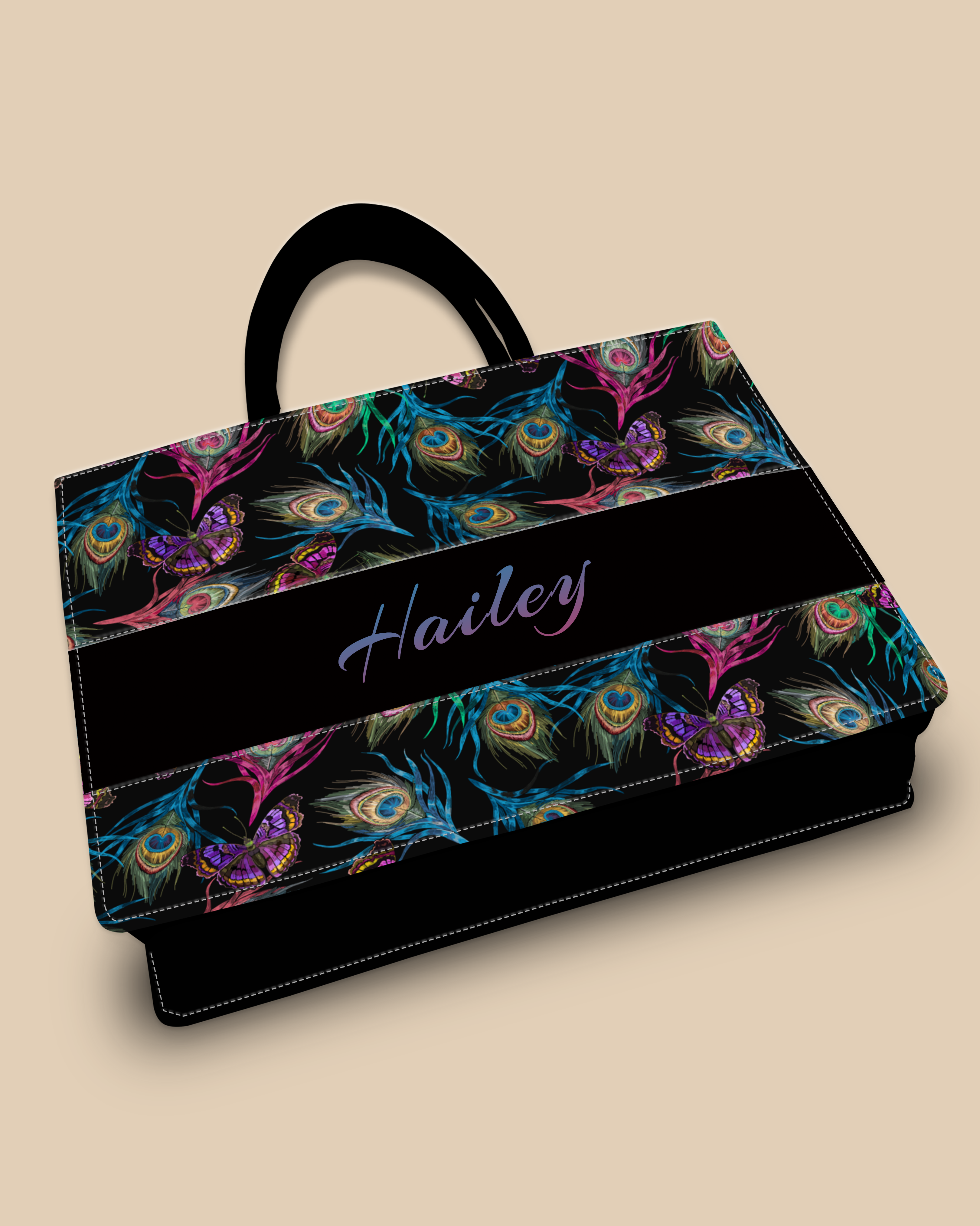 Customized Tote Bag Designed With Colourful Peacock Feather And Flying Butterflies Pattern