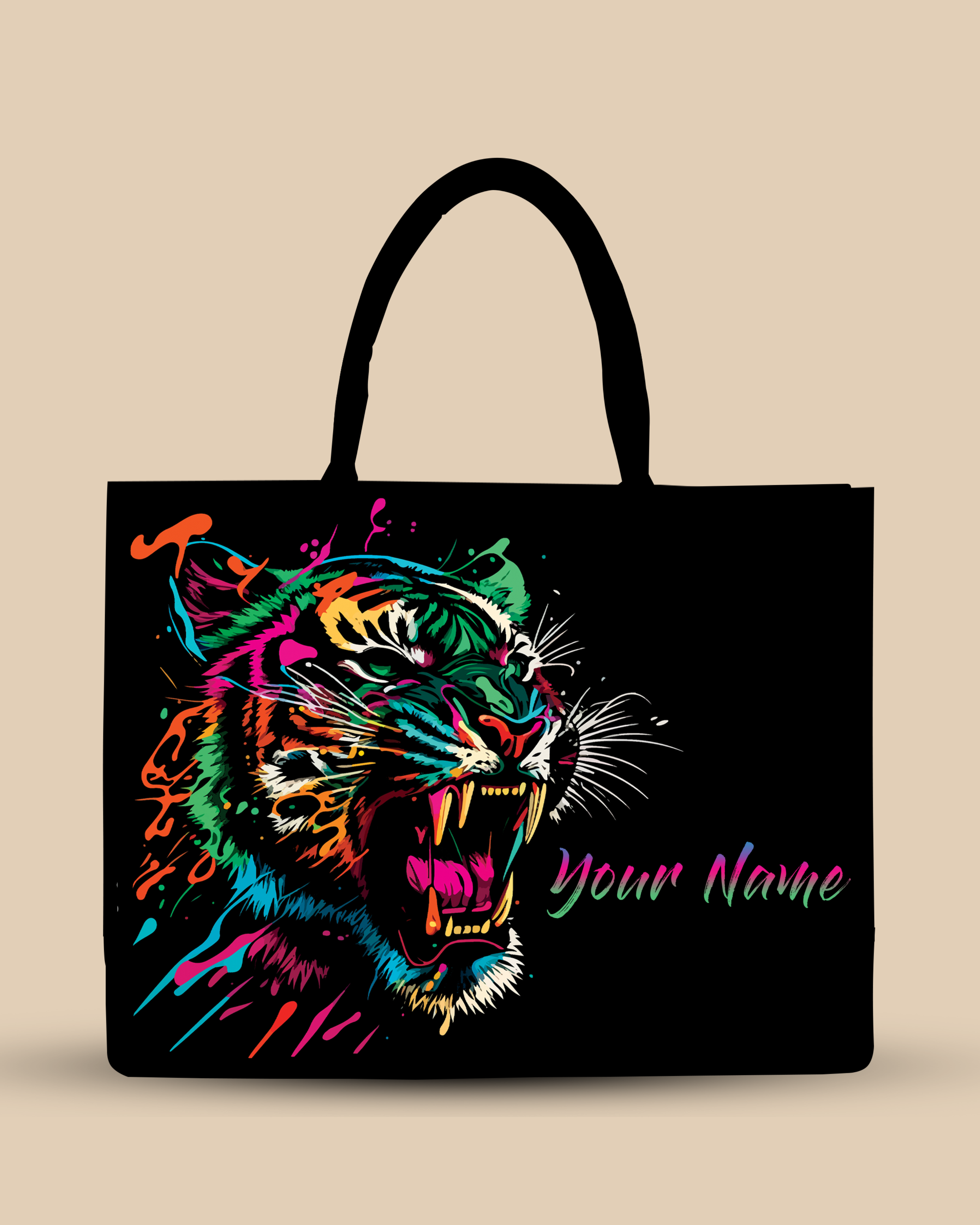 Customized Tote Bag Designed With Colourfull Roaring Bangal Tiger