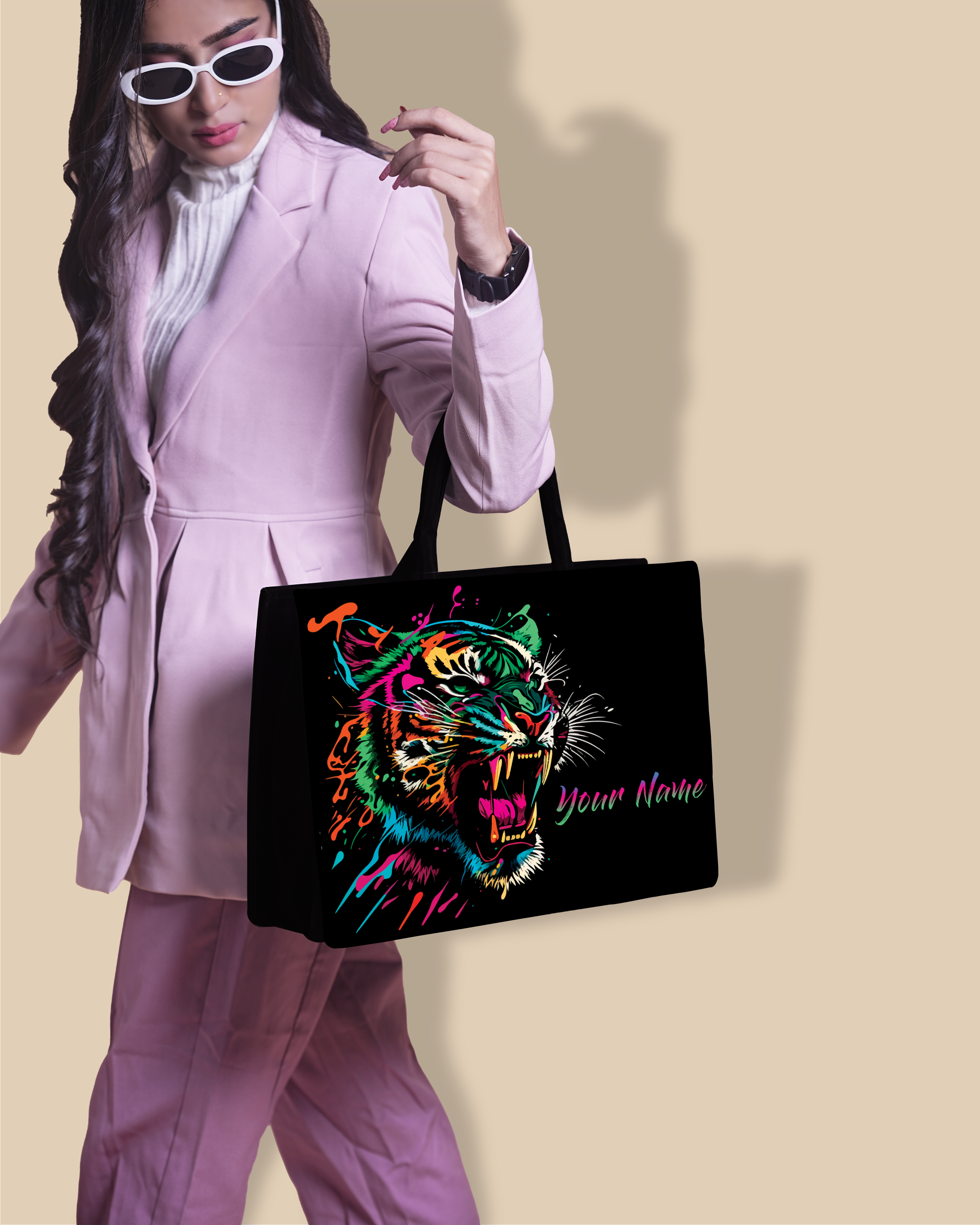 Customized Tote Bag Designed With Colourfull Roaring Bangal Tiger