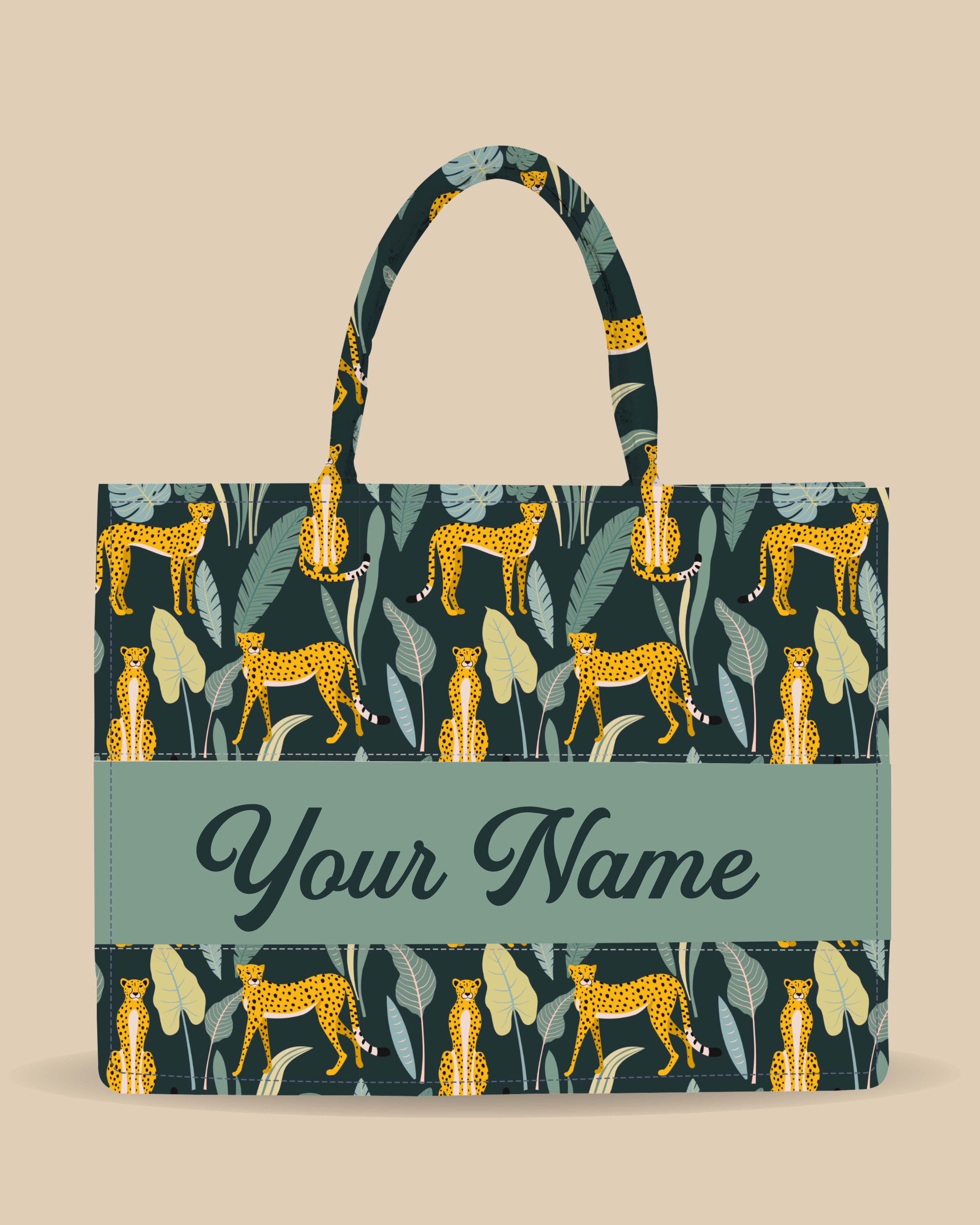 Customized Tote Bag Designed With Leopard Pattern And Tropical Leaves