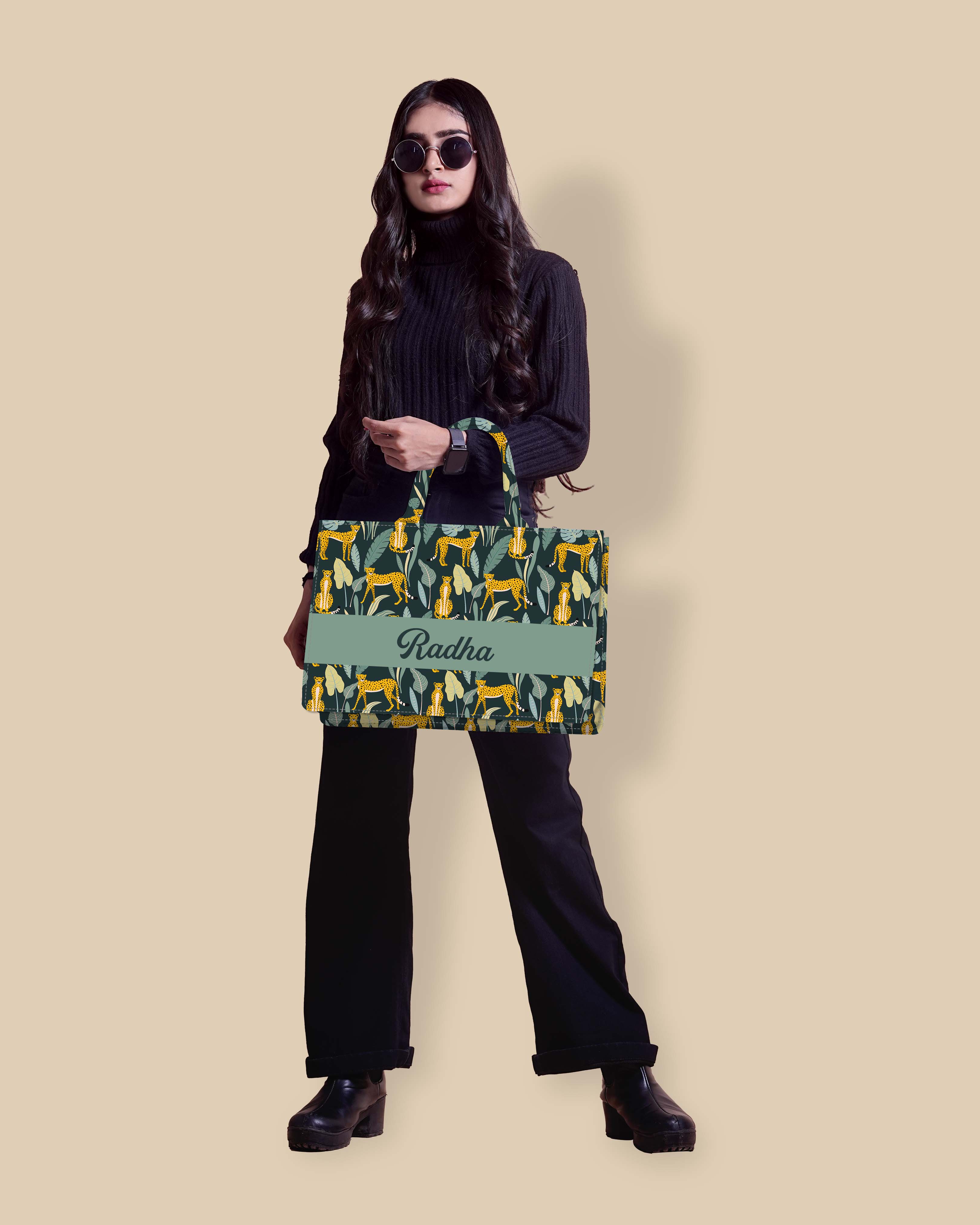 Customized Tote Bag Designed With Leopard Pattern And Tropical Leaves