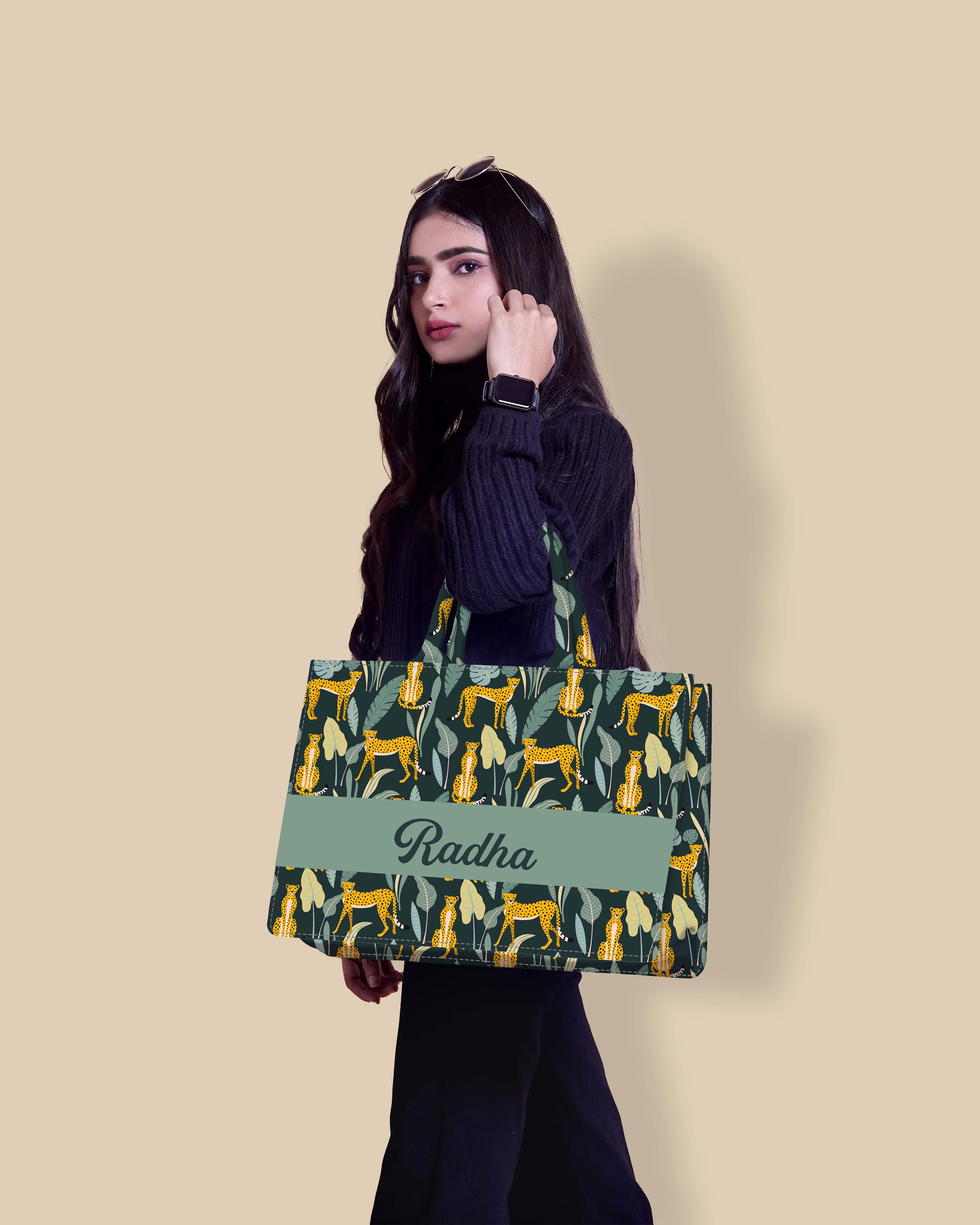 Customized Tote Bag Designed With Leopard Pattern And Tropical Leaves