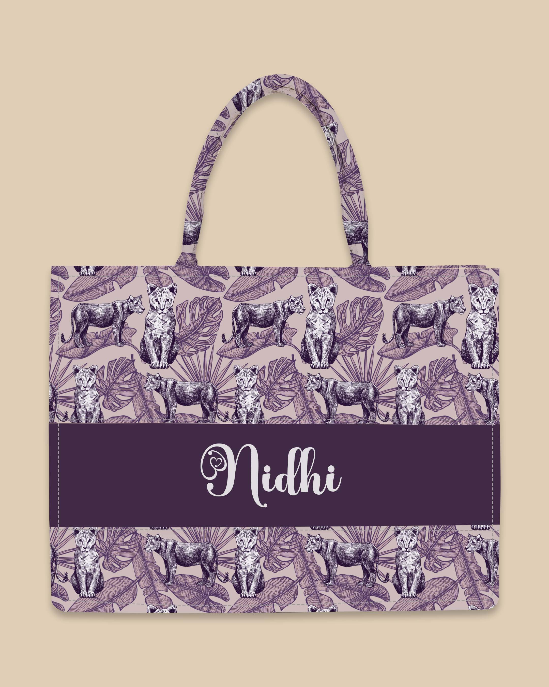 Customized Tote Bag Designed With Lion And Leaves In Engraving Style