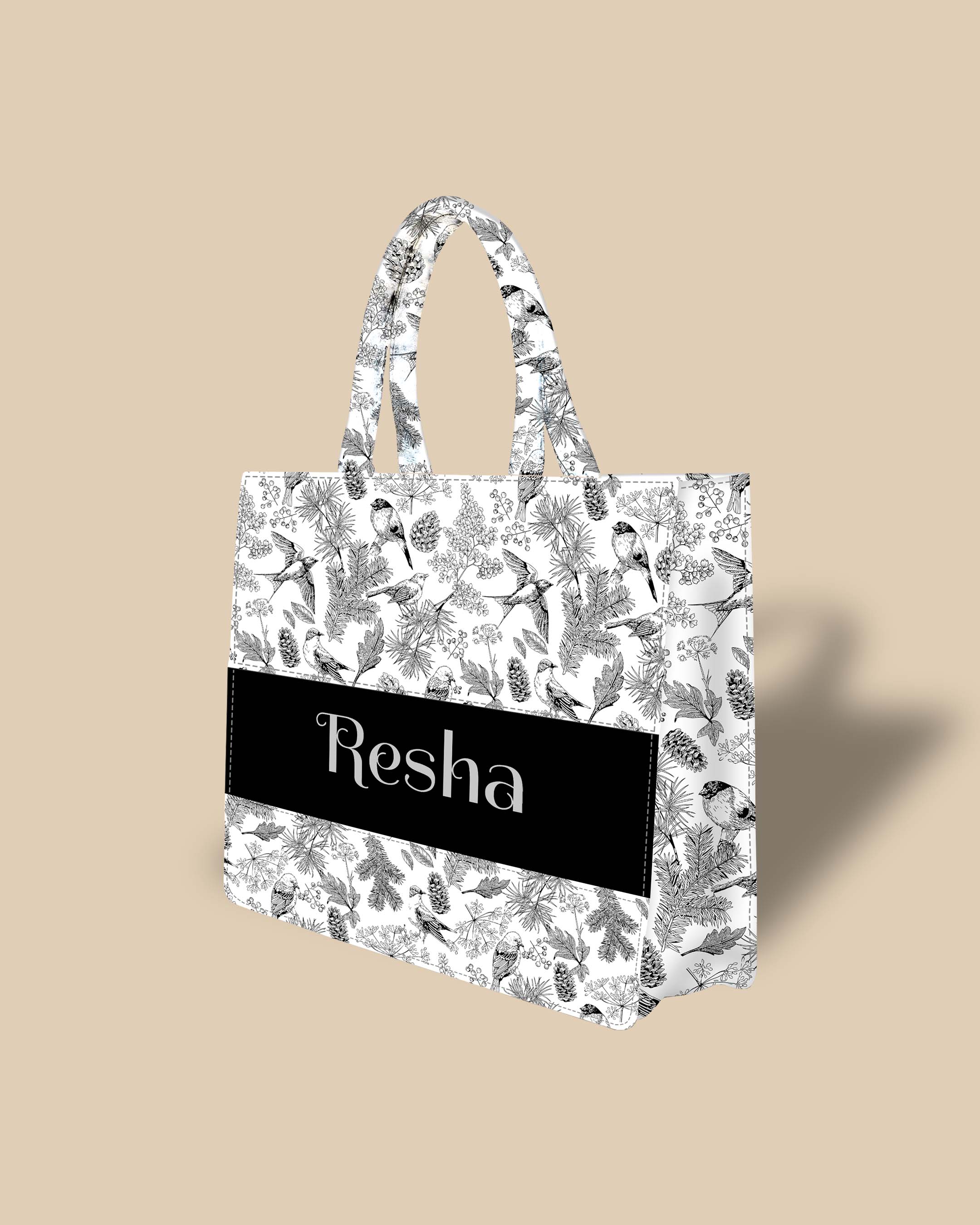 Customized Tote Bag Designed With Sparrow And Flower Leaf