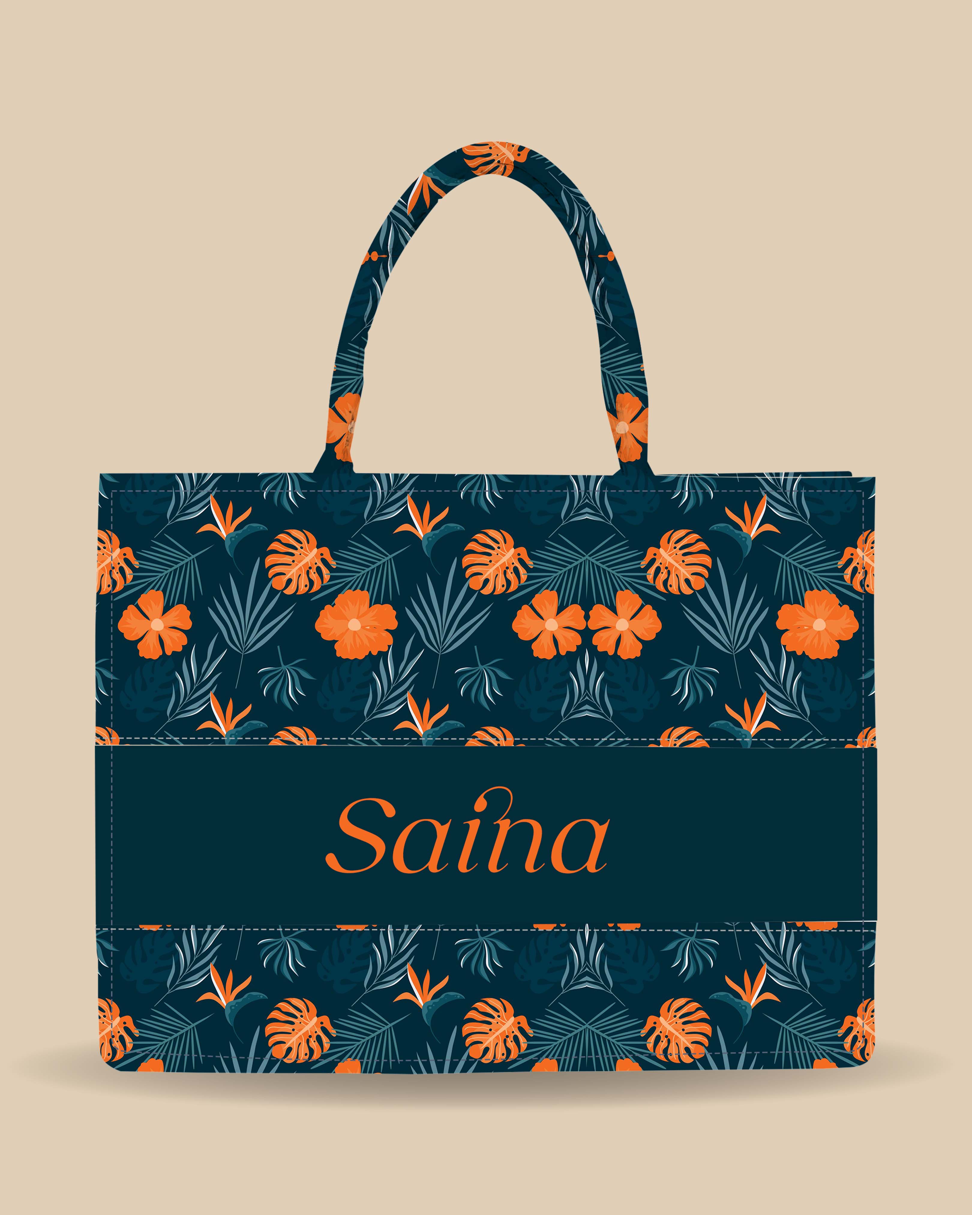 Customized Tote Bag Designed With Summer Flowers And Tropical Leaves