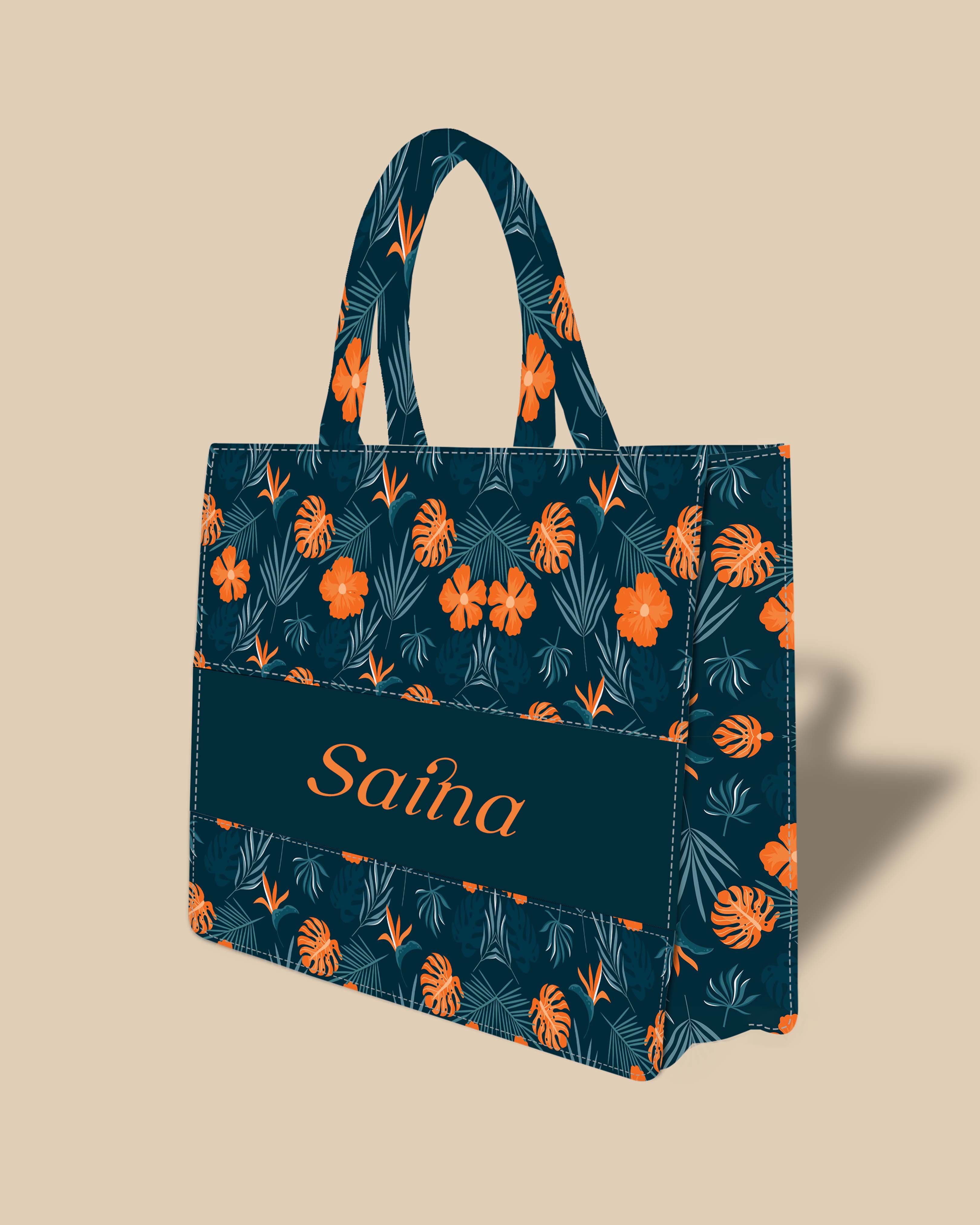 Customized Tote Bag Designed With Summer Flowers And Tropical Leaves