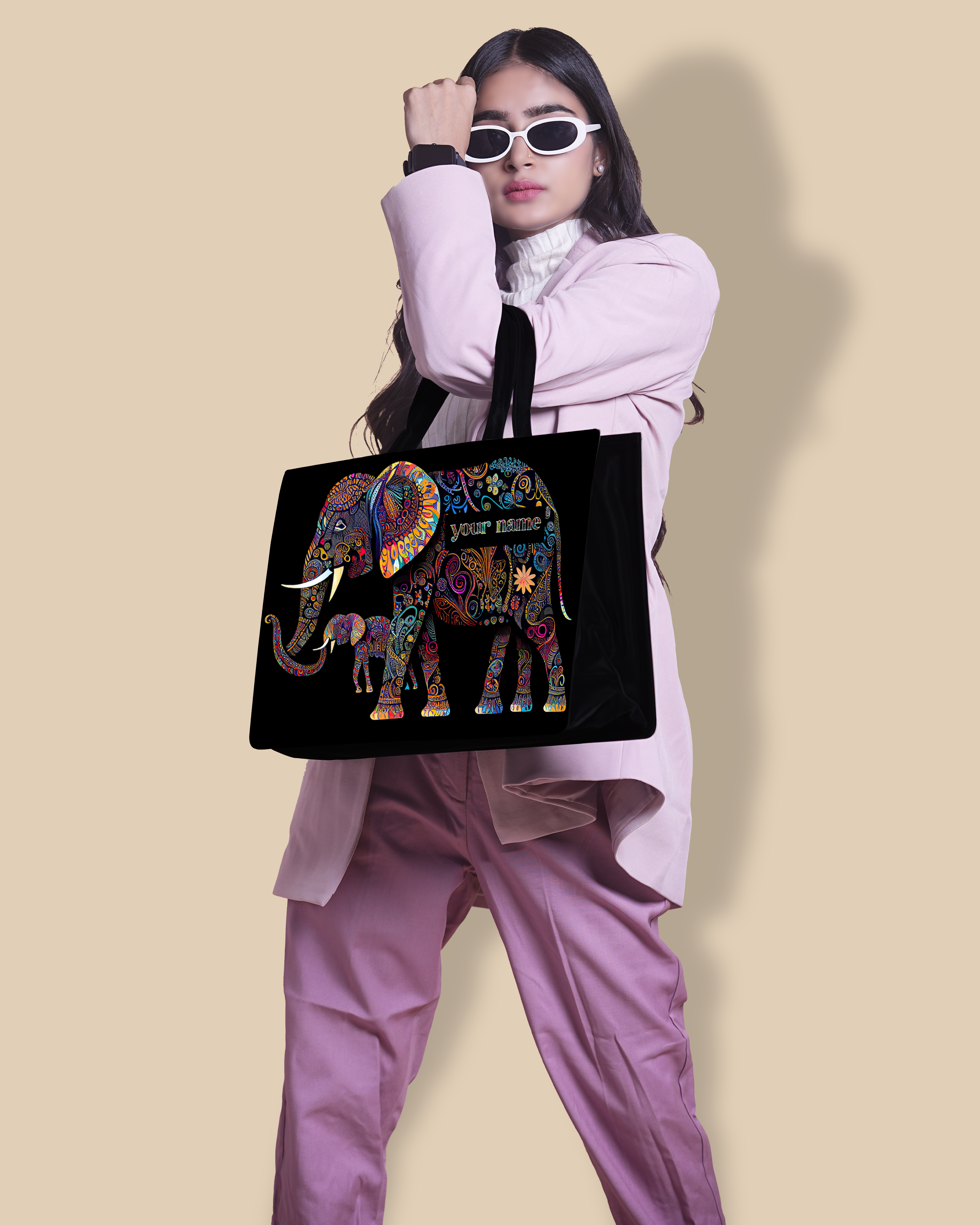 Customized Tote Bag  Designed with Baby And Mother Elephant Pattern