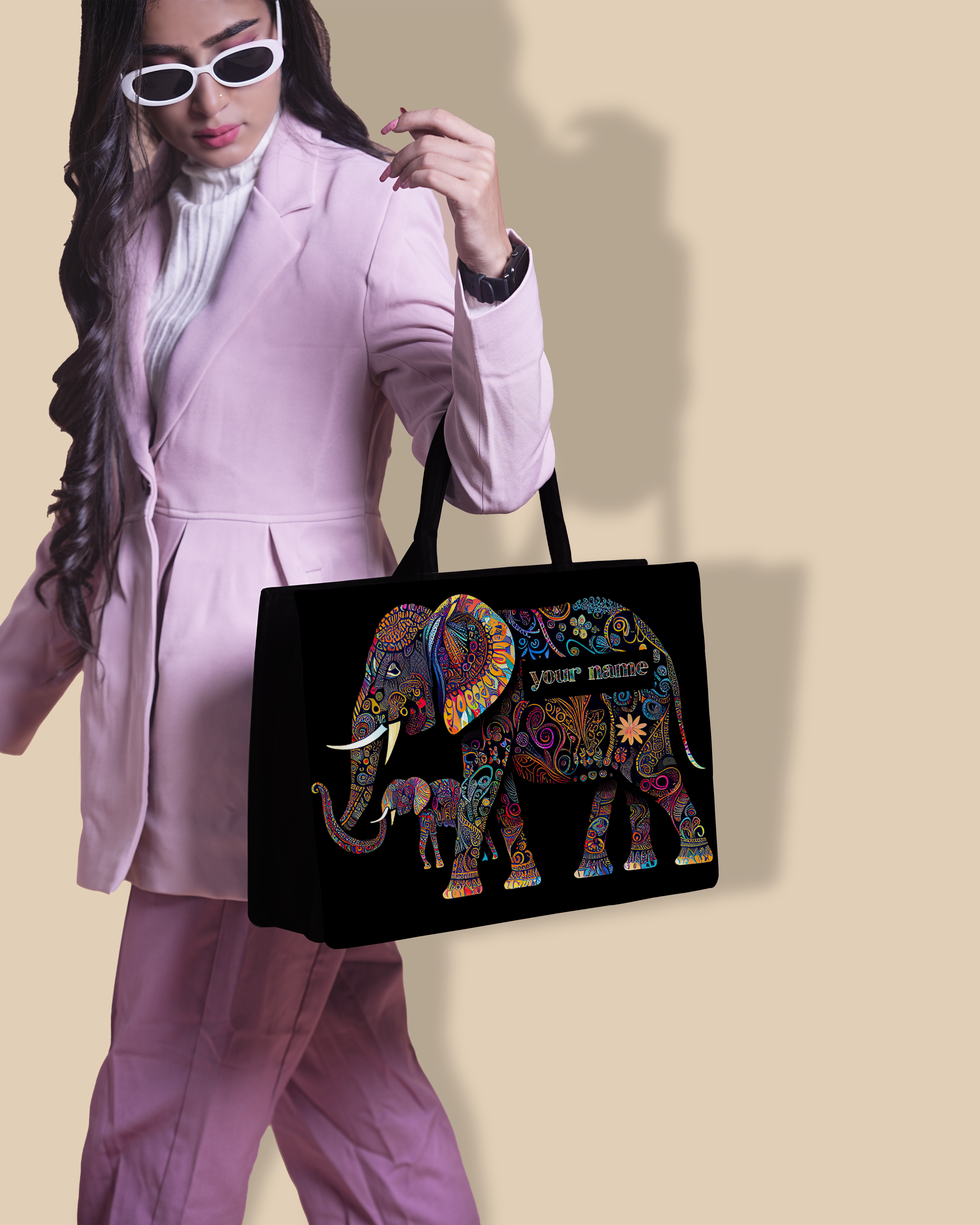 Customized Tote Bag  Designed with Baby And Mother Elephant Pattern