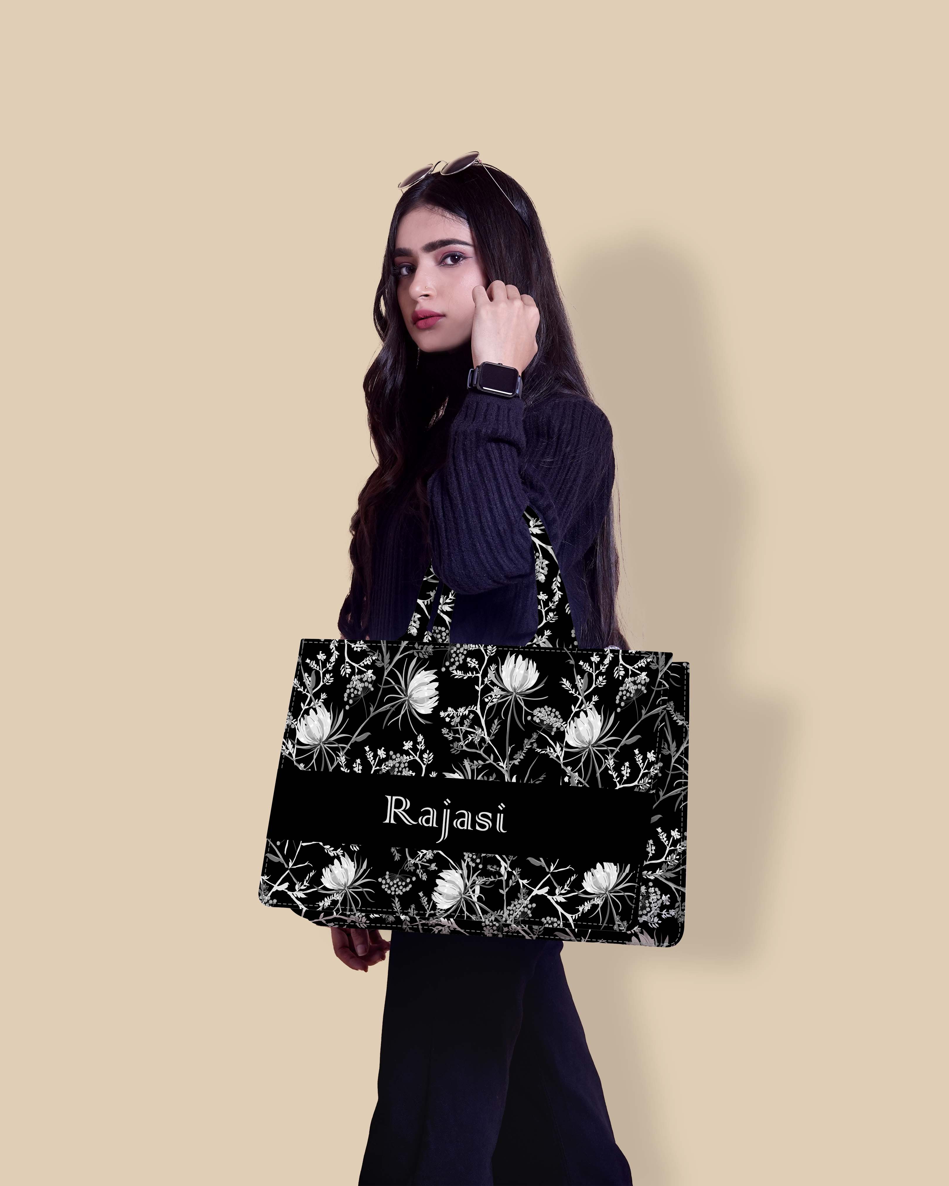 Customized Tote Bag  Designed with Black And White Oriental Blooming Flowers