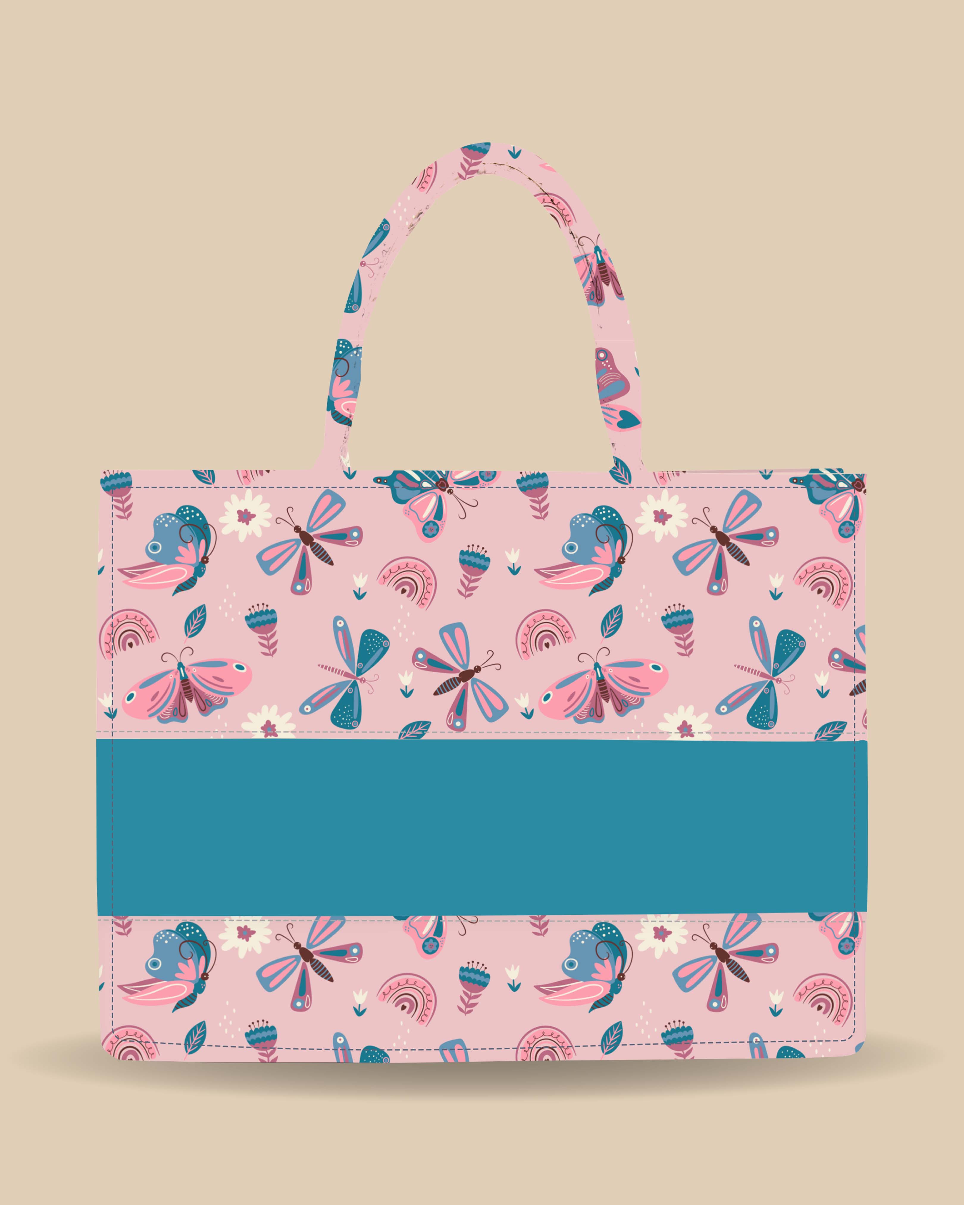 Customized Tote Bag Designed with Elegant Blues And Pink Butterflies