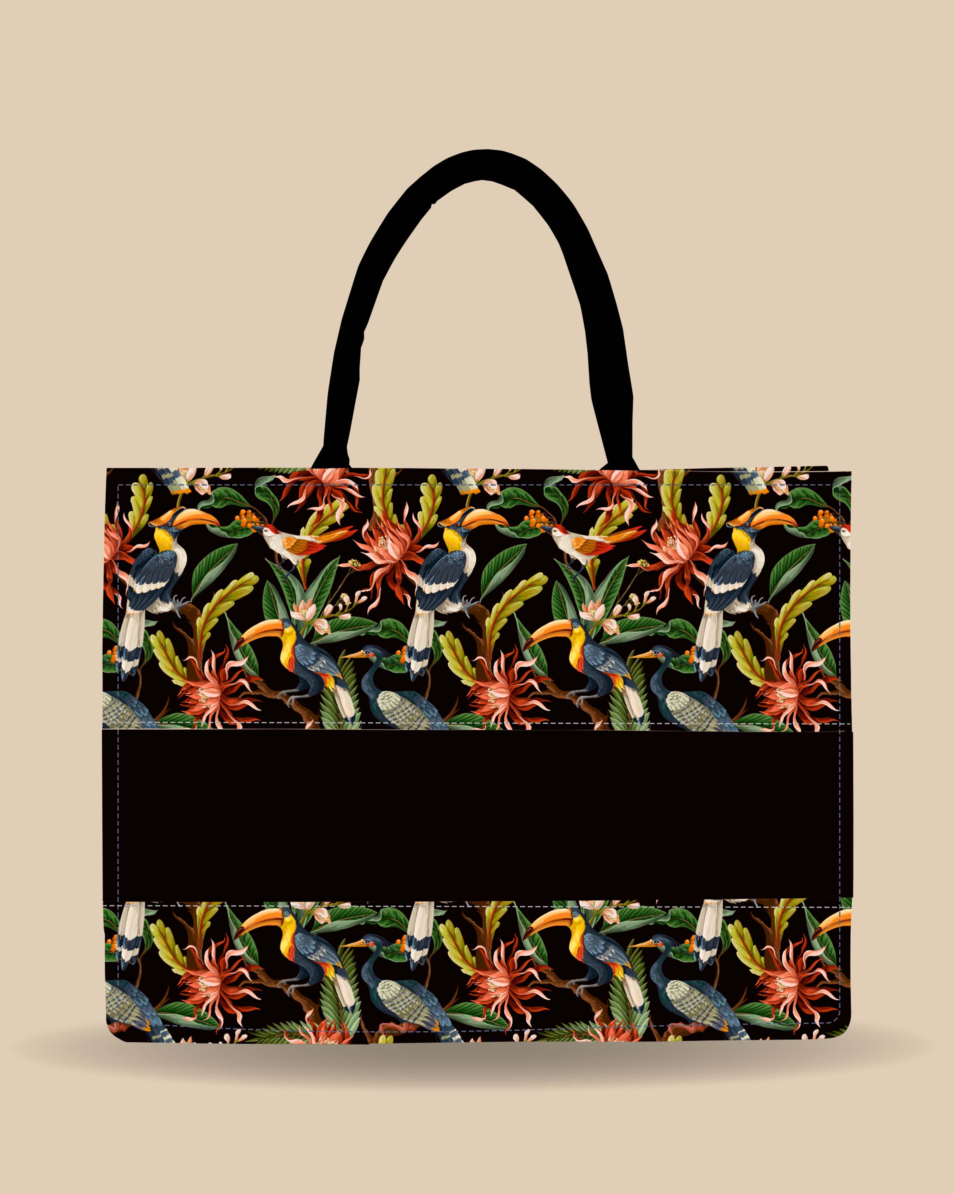 Customized Tote Bag Designed with Hornbill , Carens Birds And Tropical Flowers