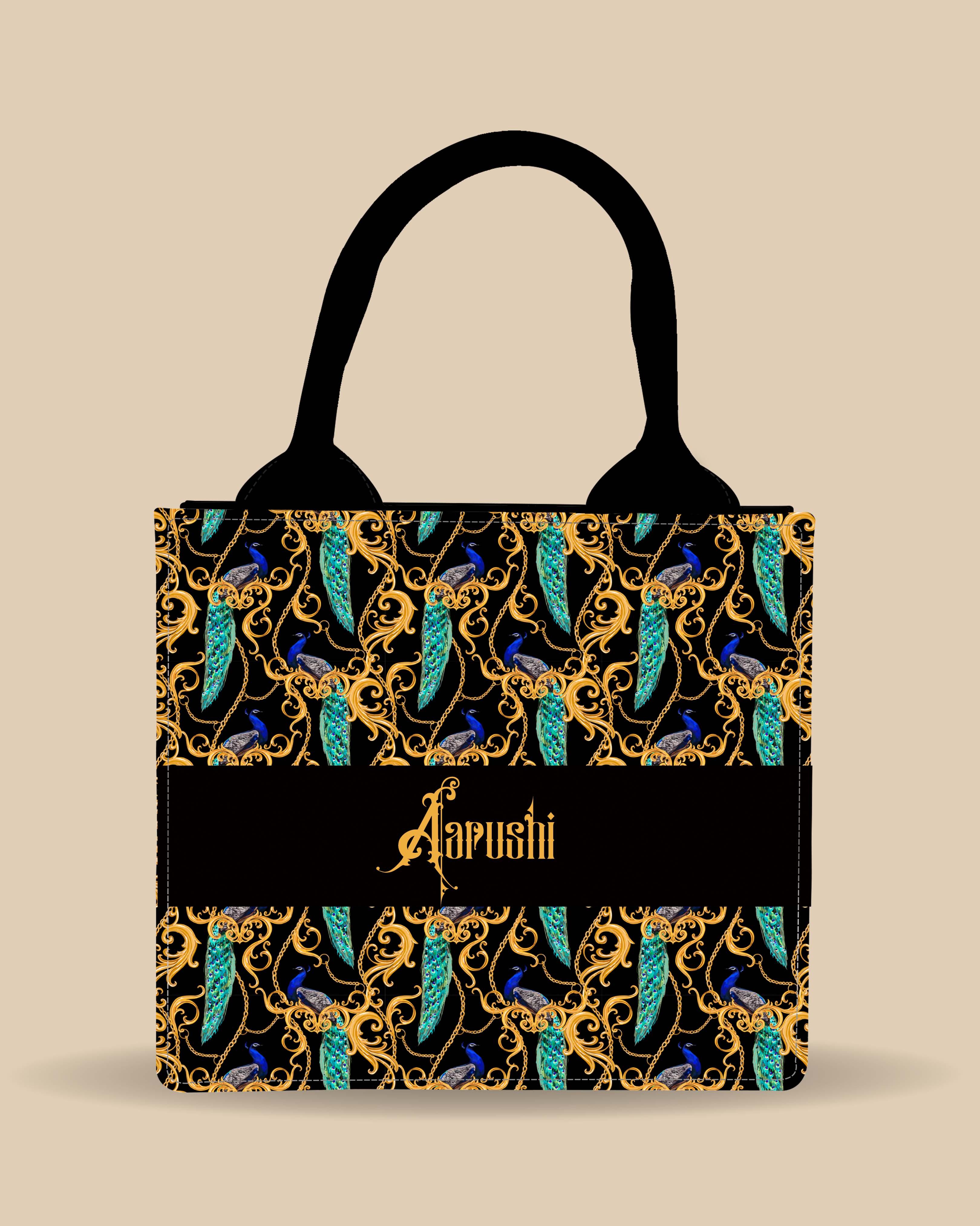 Customized Small Tote Bag Designed with Peacock Clutch Solid Black