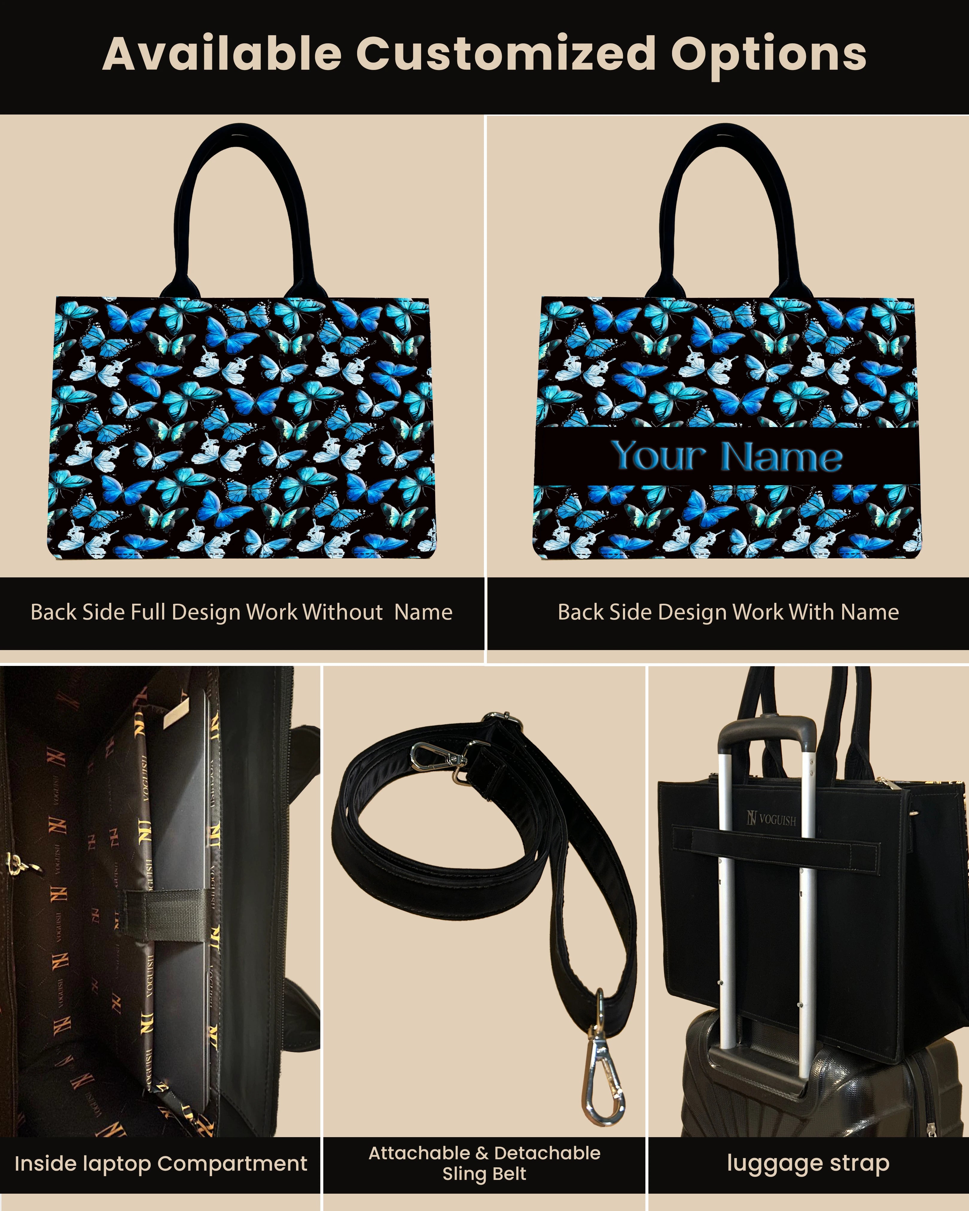 Customized Tote Bag Designed With Blue Flying Butterflies