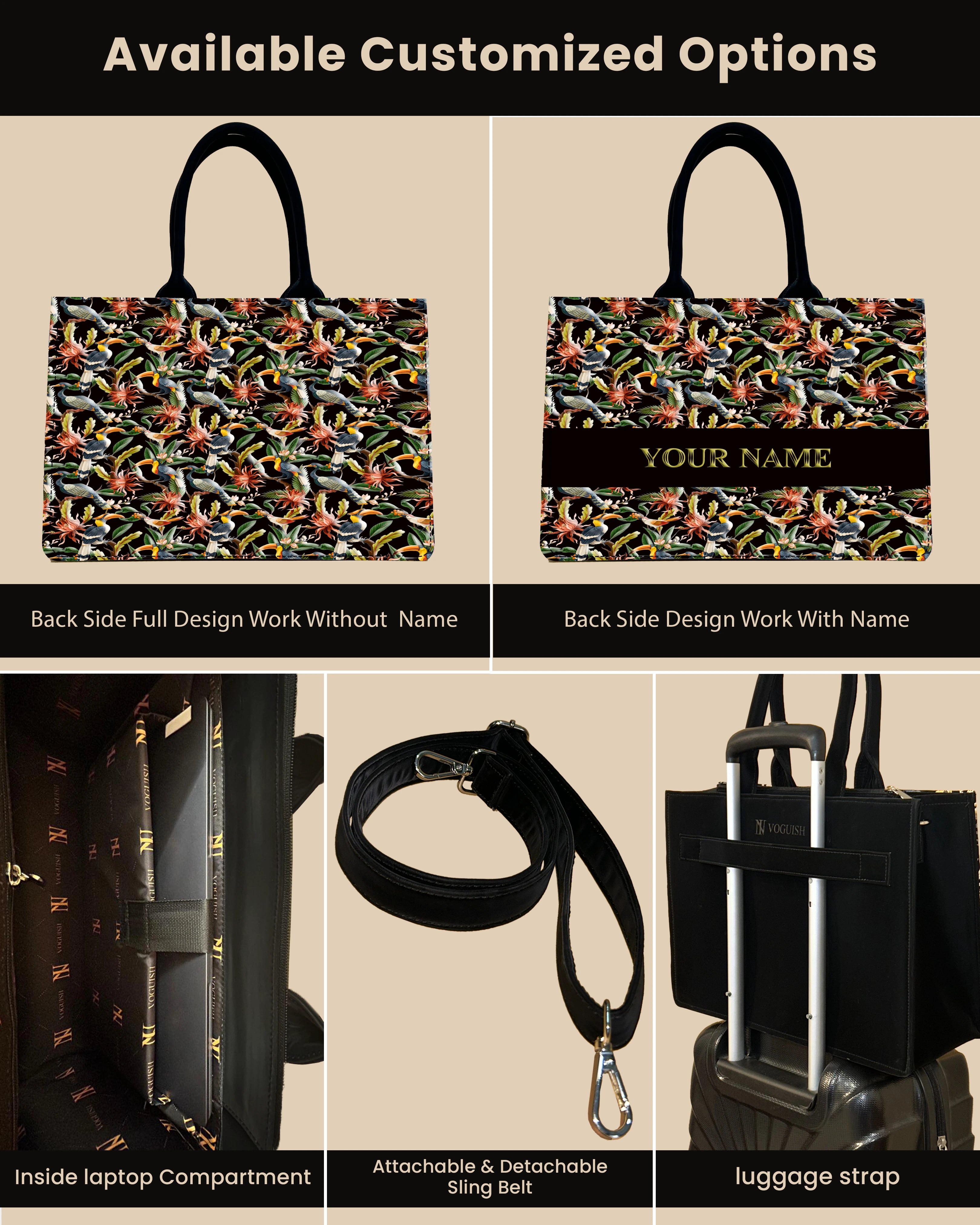 Customized Tote Bag Designed with Hornbill , Carens Birds And Tropical Flowers