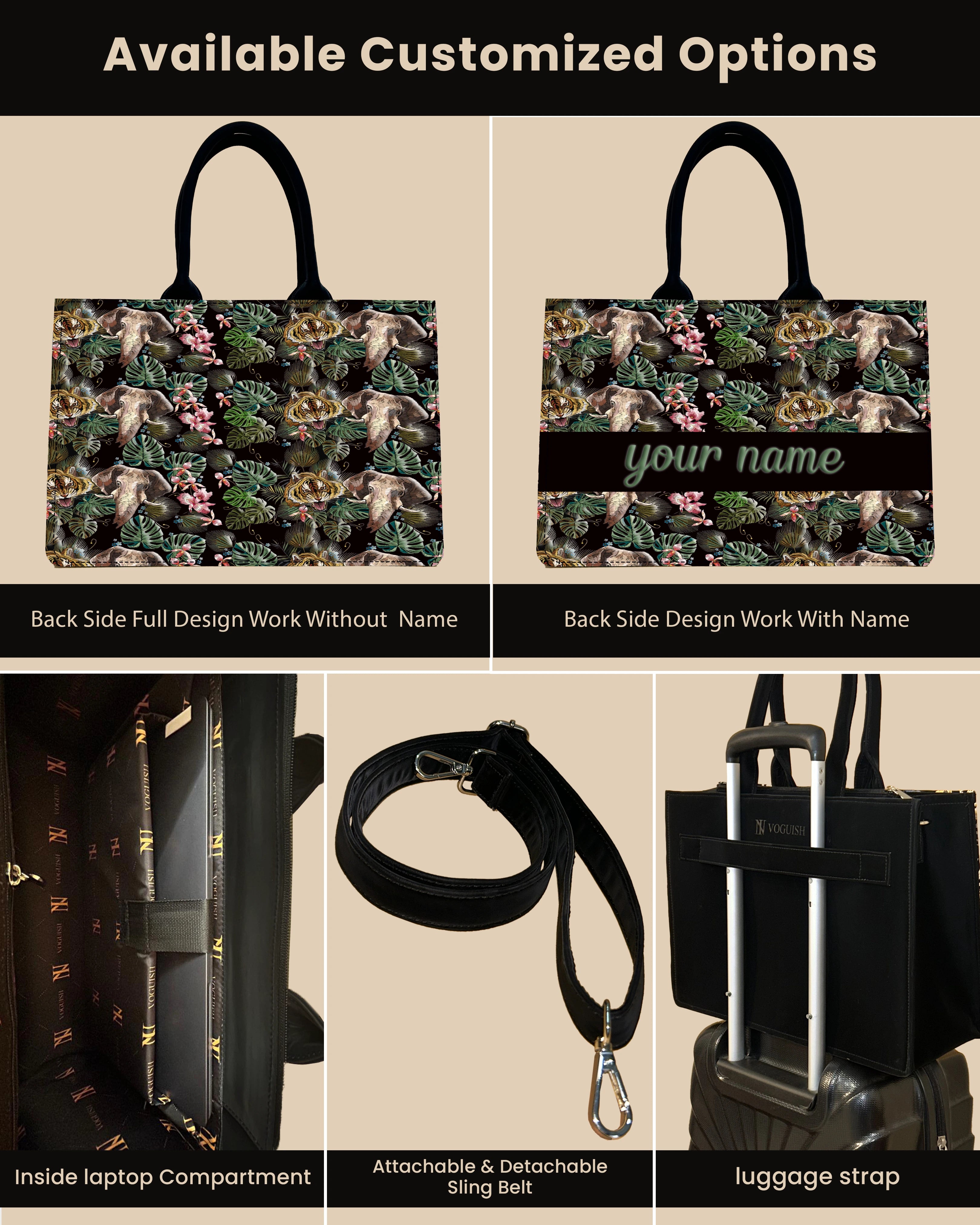 Customized Tote Bag Designed with Palm Leaves, Tiger And Elephant