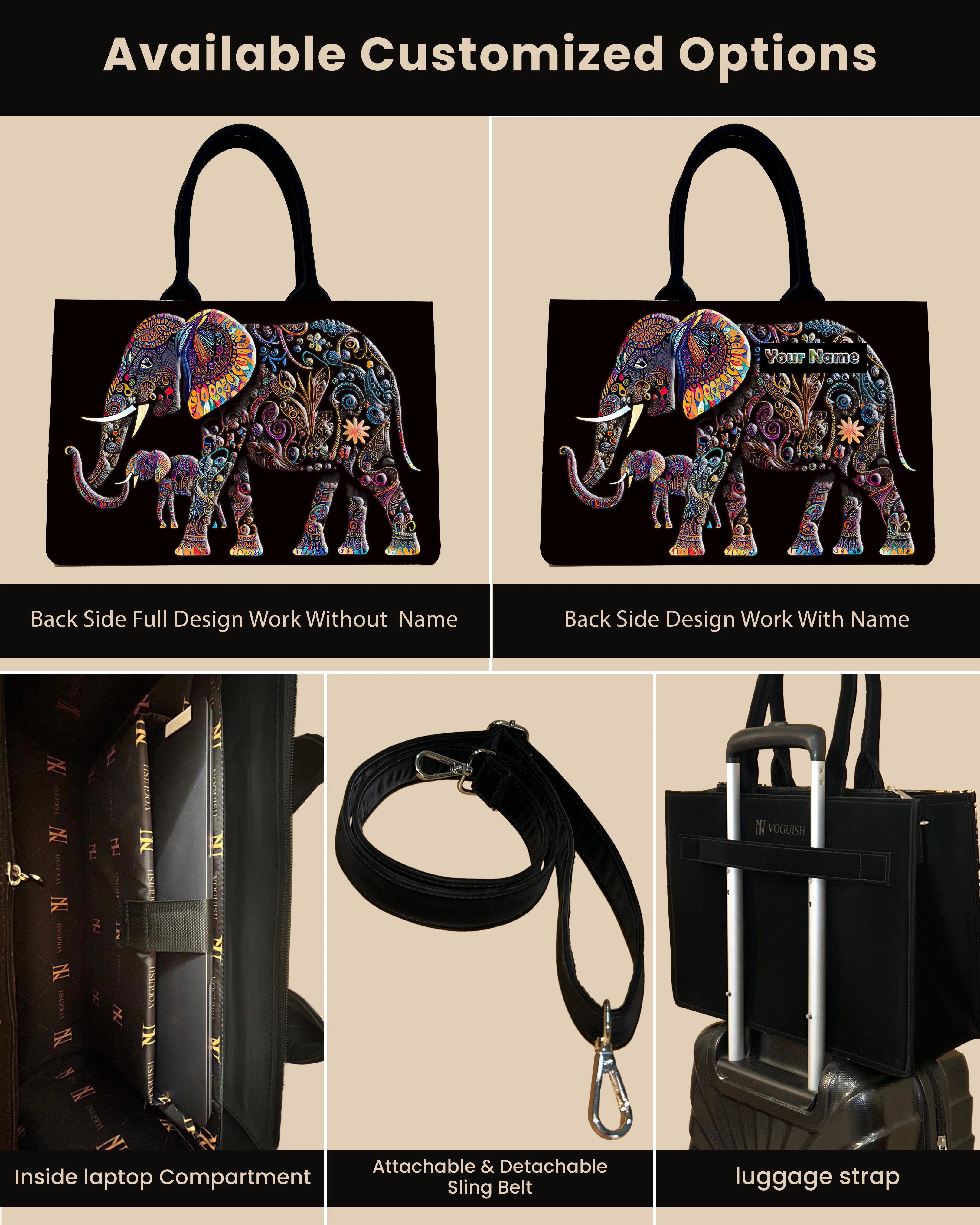 Customized Tote Bag  Designed with Baby And Mother Elephant Pattern